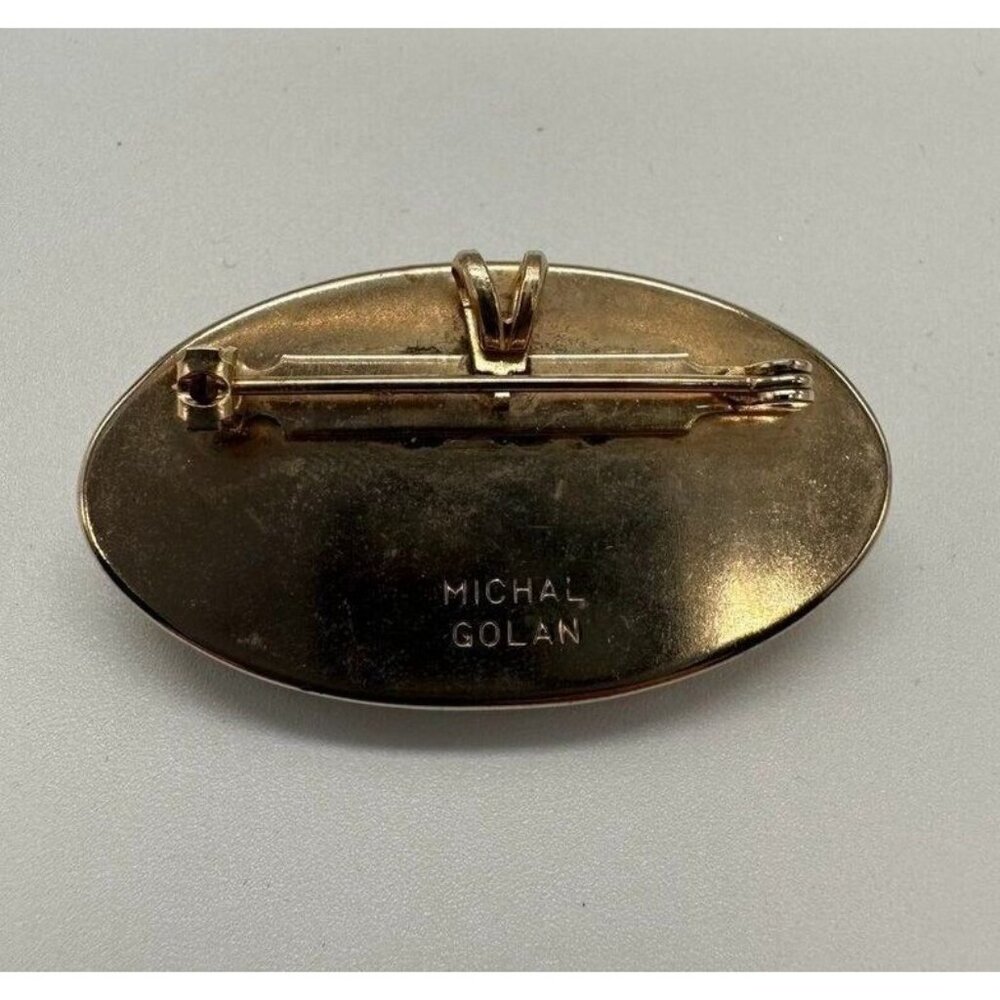 Michal‎ Golan 1.5" Oval Brooch Pin Pendant Gold Tone Goldstone Jasper Aventurine - Picture 4 of 9